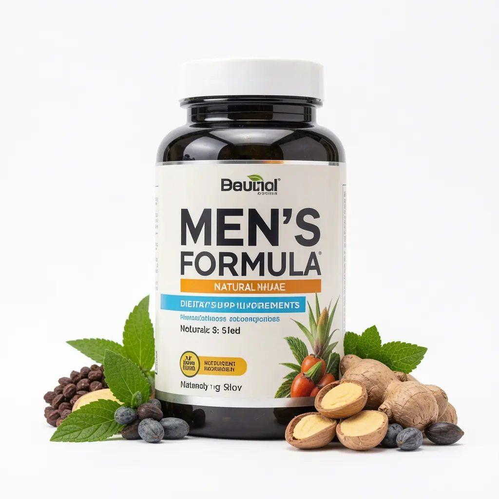 Men's Formula dietary supplement bottle with natural ingredients displayed on a clean white background